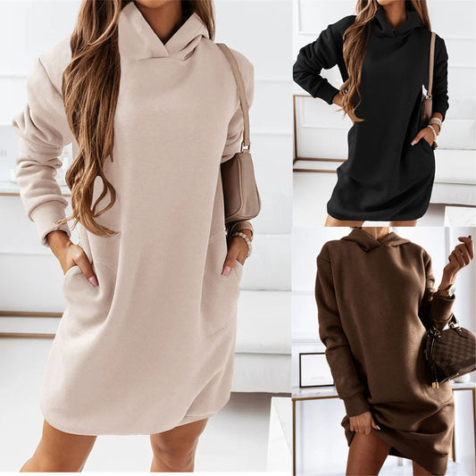 Hooded Long Sleeve Solid Color Dress