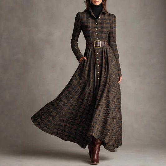 Printed lapel elastic waist dress