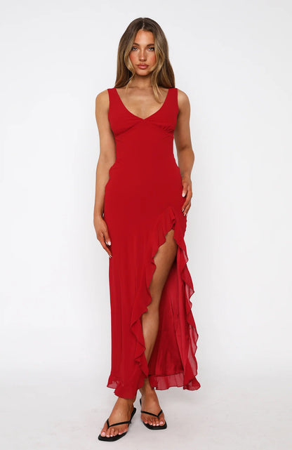 Sexy Lace V-Neck Ruffled Backless Dress