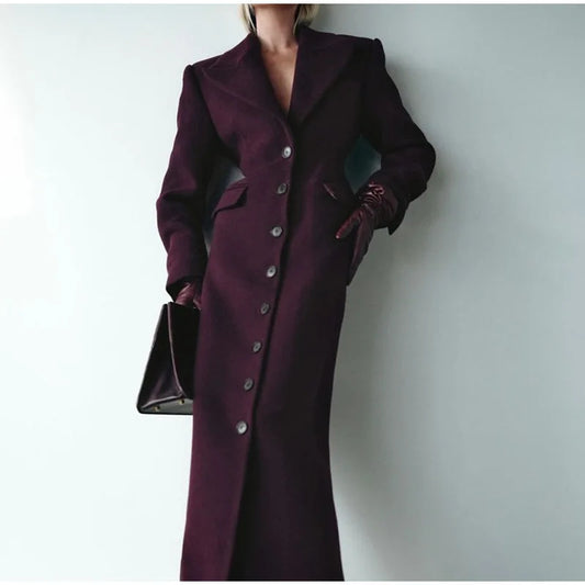 Women's Elegant Lapel Long Woolen Coat