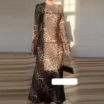 Women's Elegant Round Neck Long Sleeve Waist-Tied Dress