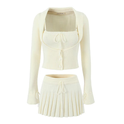 Women's Knit Camisole Long-Sleeve Top and Pleated Skirt Set