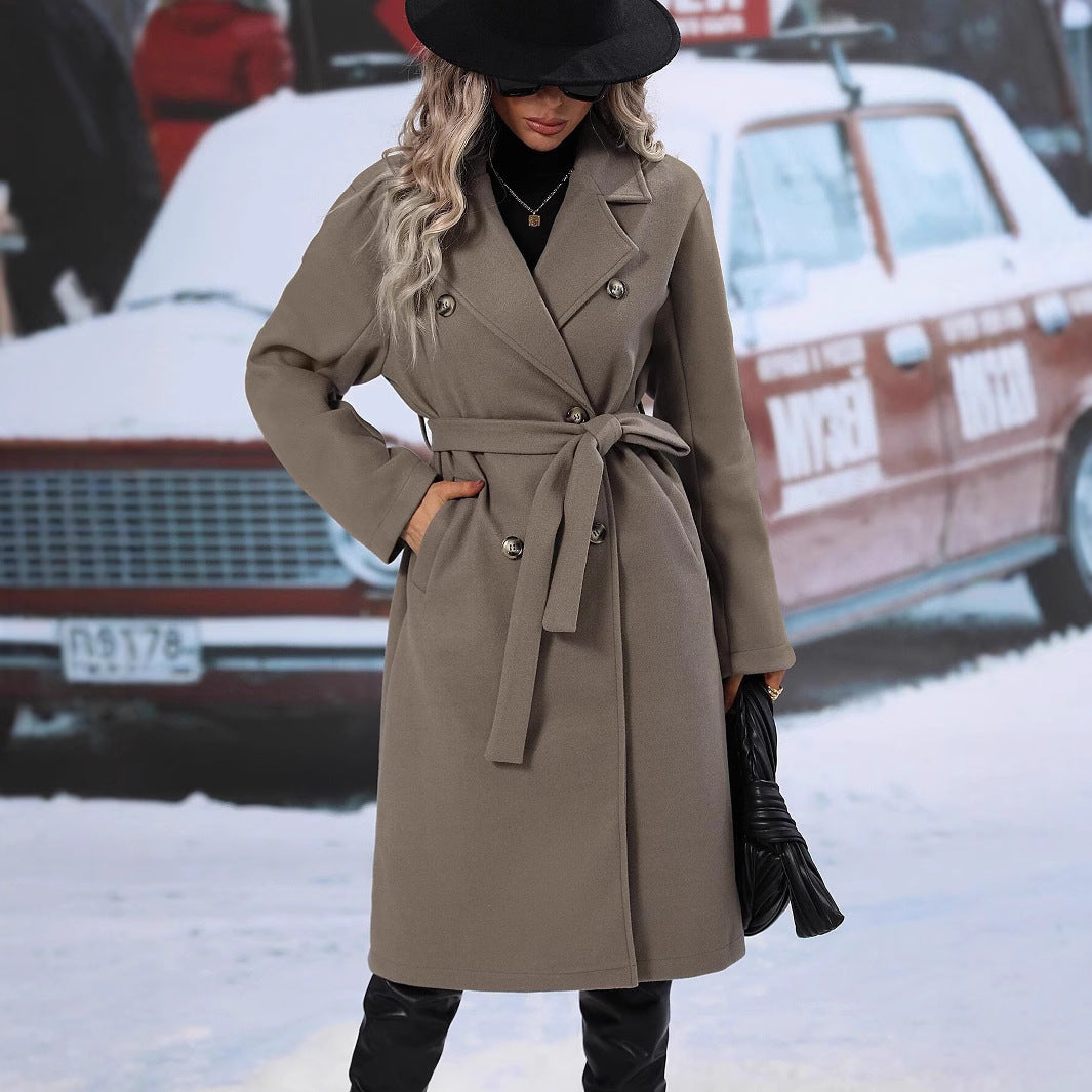 Women's Woolen Double-Breasted Long Coat