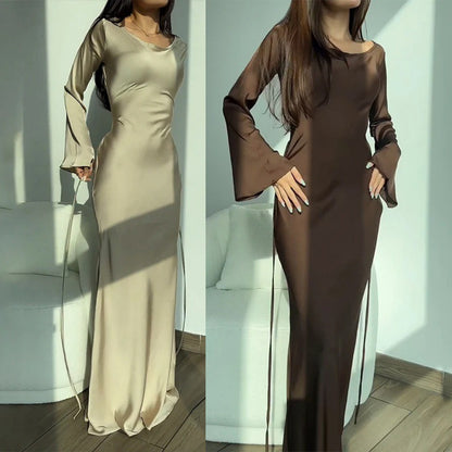 Women's Elegant Round Neck Long Sleeve Waist-Tied Dress