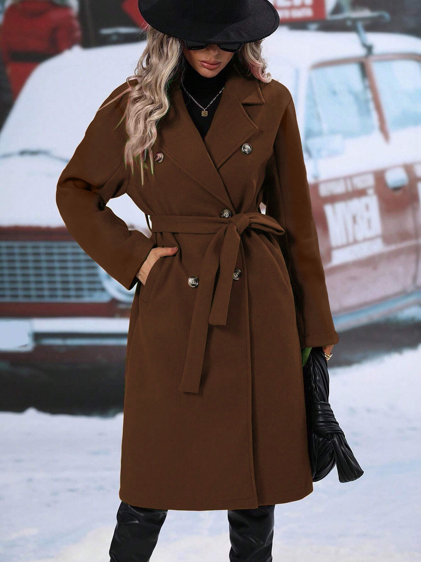 Women's Woolen Double-Breasted Long Coat