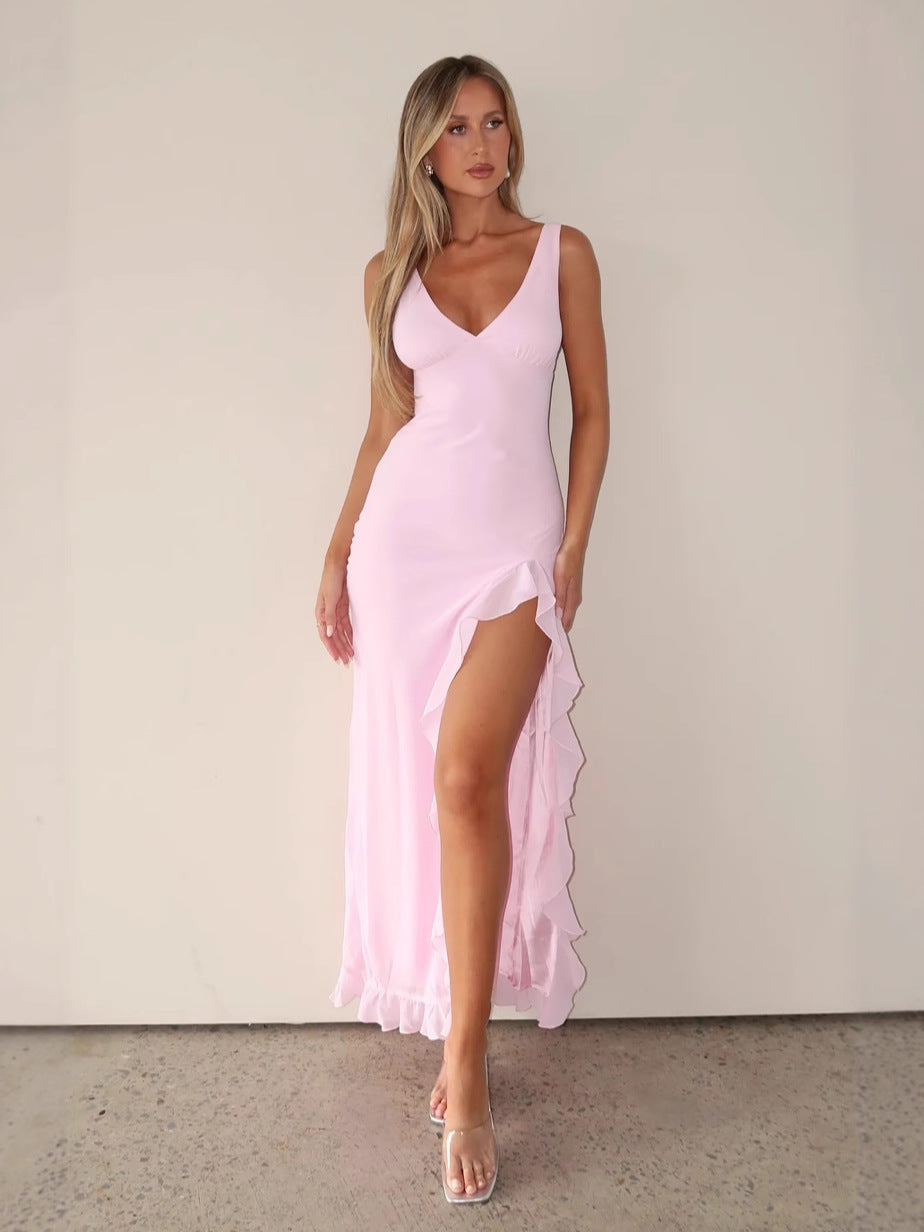 Sexy Lace V-Neck Ruffled Backless Dress