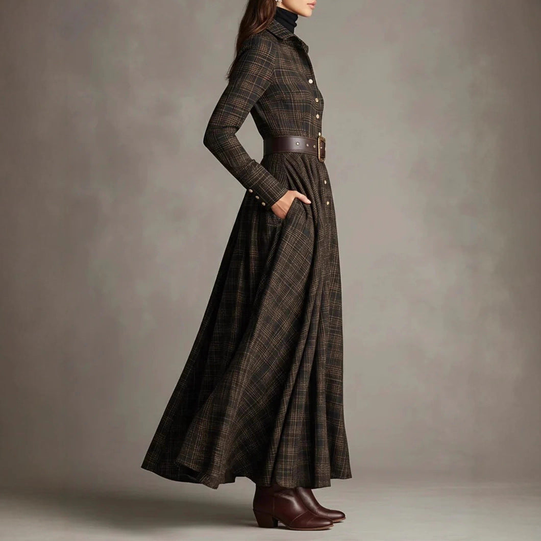 Printed lapel elastic waist dress