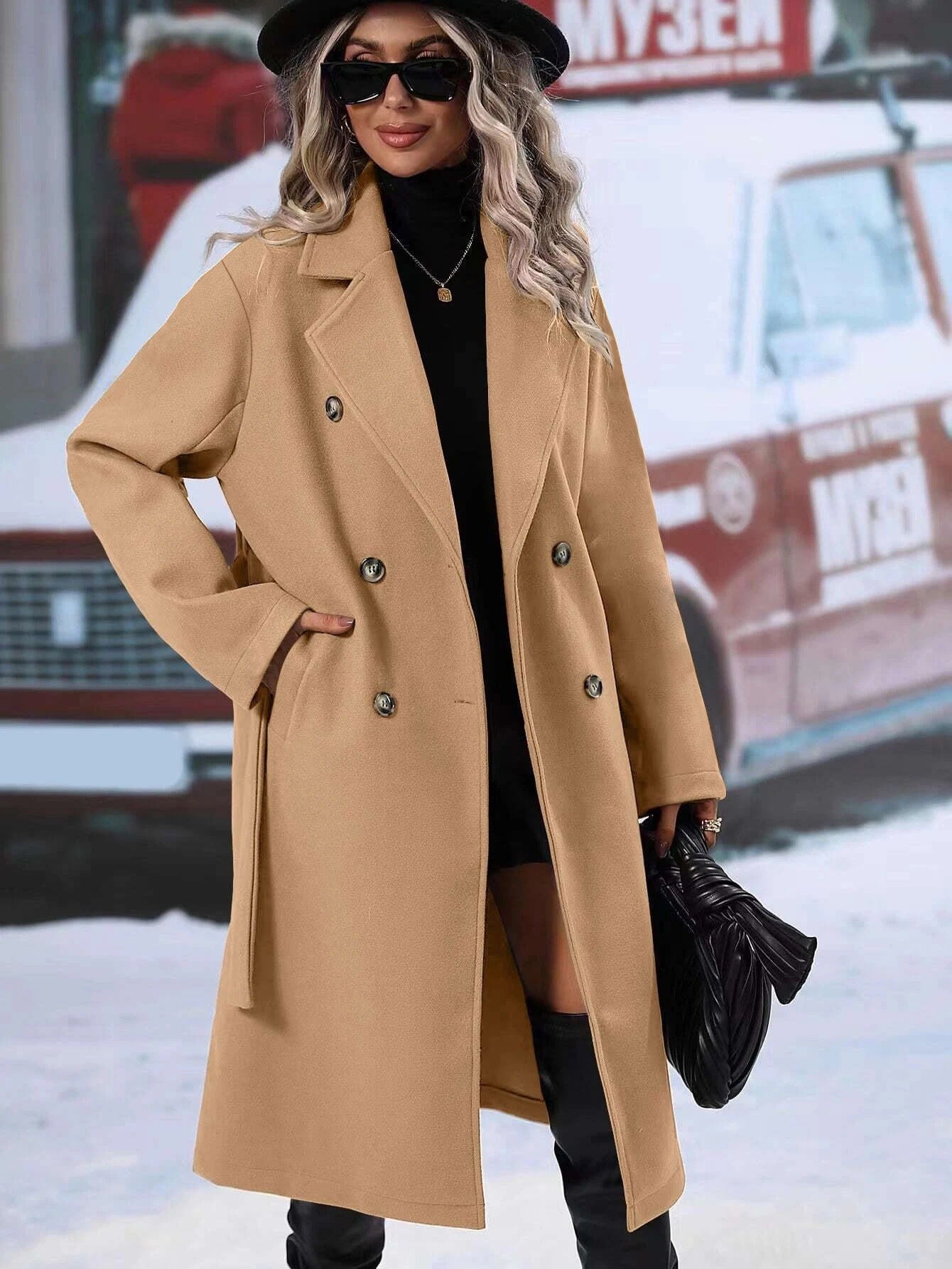 Women's Woolen Double-Breasted Long Coat