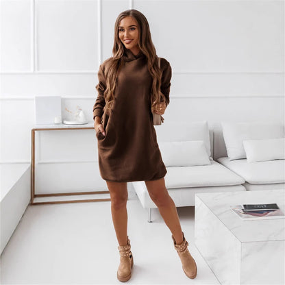 Hooded Long Sleeve Solid Color Dress