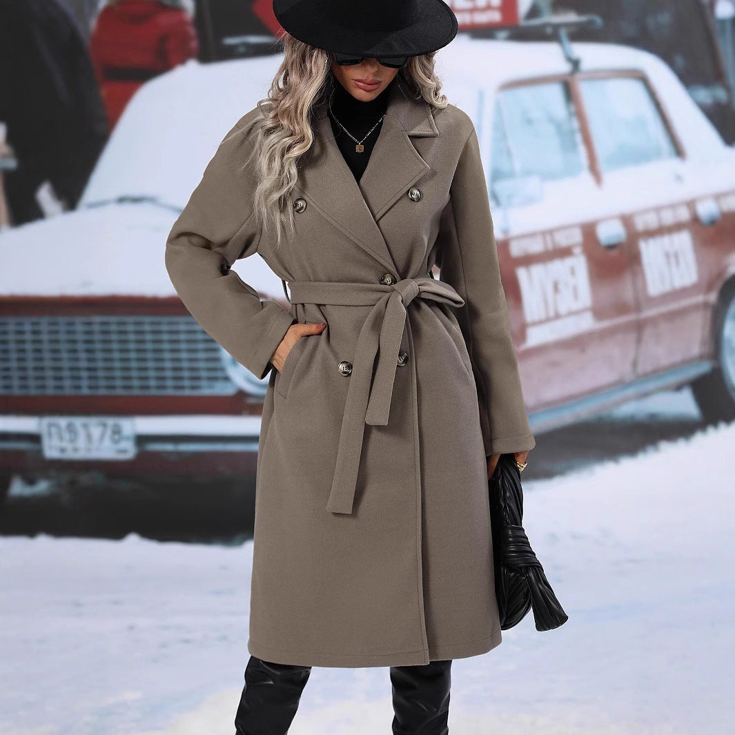 Women's Woolen Double-Breasted Long Coat