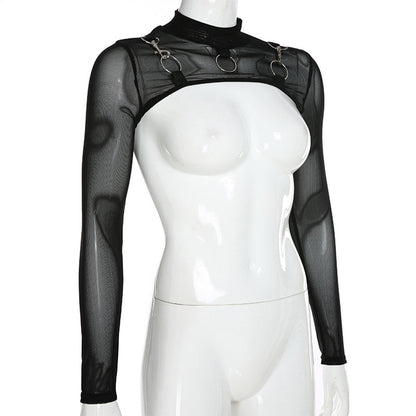 Mesh See-Through Long-Sleeve Slim Fit Top